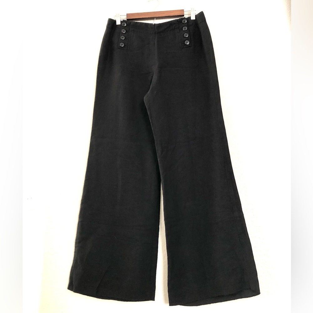 Larry Levine Black Linen-Blend Pants with Button Waist Detail